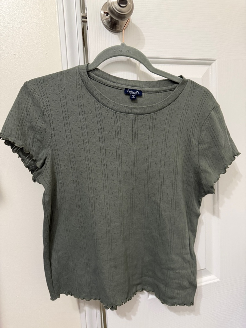 Splendid Olive Ribbed Short Sleeve Tee with Scalloped Trim